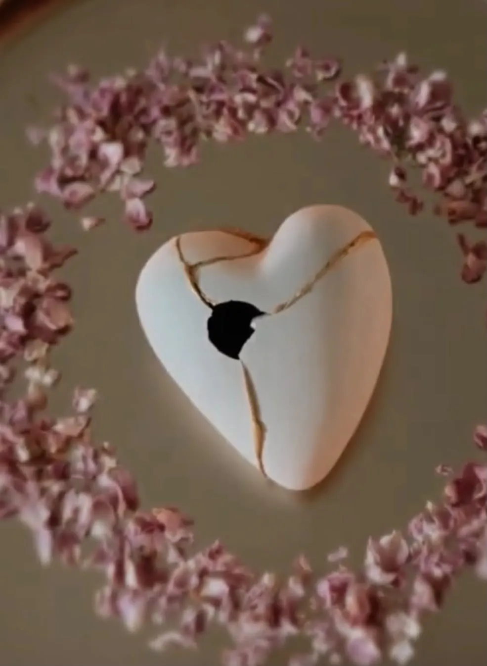 Gold mended ceramic heart surrounded by rose petals