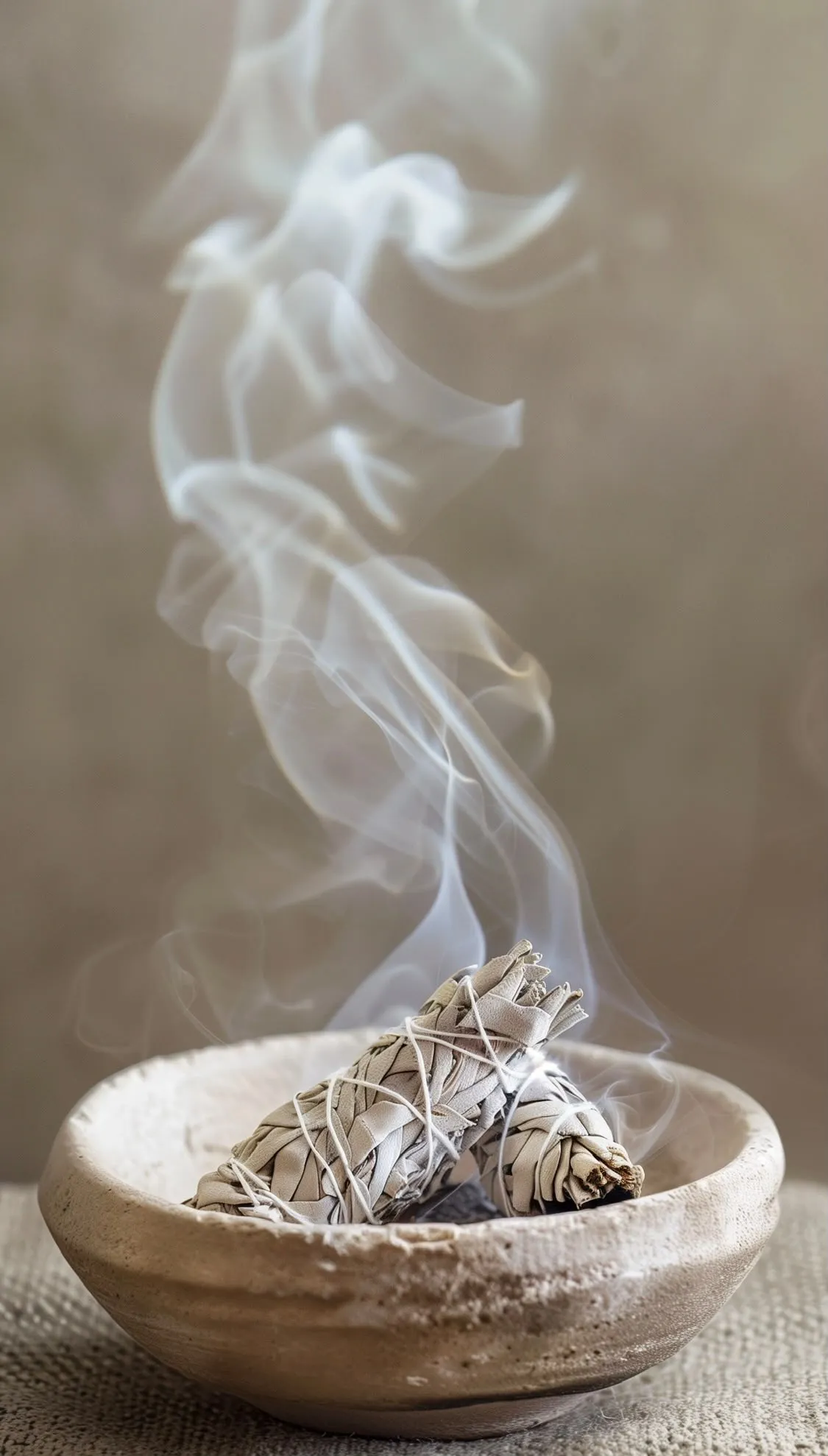 White sage smoke rising from a ceramic bowl